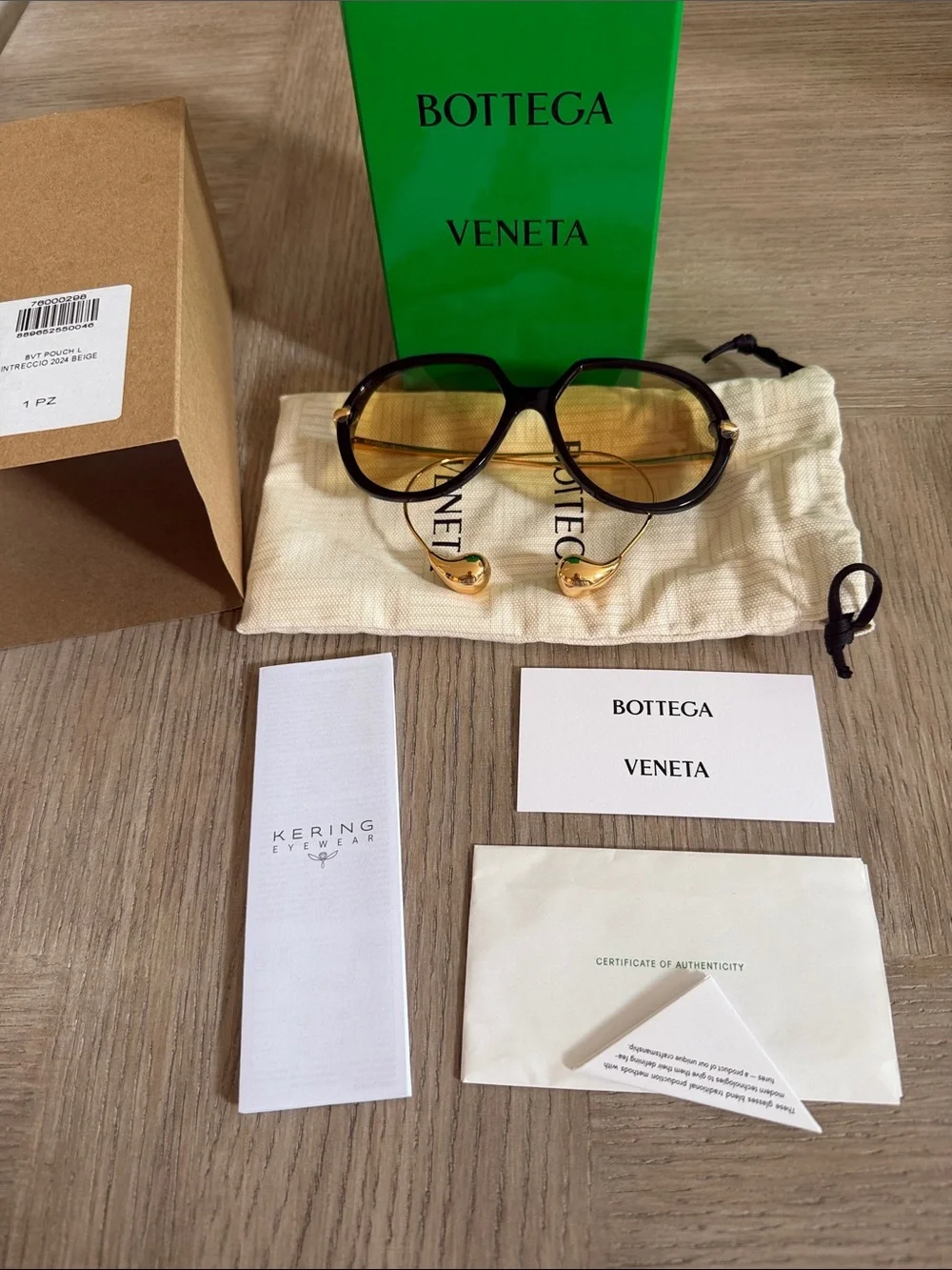 NEW in Box Bottega Veneta Black and Gold 60mm Round Drop Sunglasses